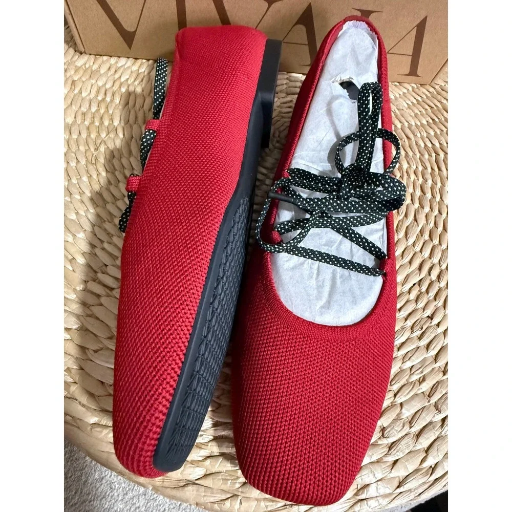 Vivaia Red Square Toe Knit Ballet Flats Lace Up Polka Dot size‎  EU/39 US/8